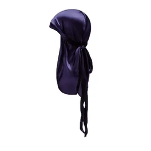 Silky dark purple durag for kids with long tails and high elasticity satin fabric