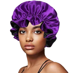 Detail of a purple double-layered satin bonnet with elastic ruffled edge on a model