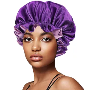Close-up of premium purple satin bonnet with elastic ruffled edges and silky texture