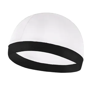 Close-up of kid's faux silk wave cap featuring white breathable fabric and black elastic band