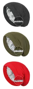 Three colors of slouchy beanies with protective satin lining and elastic edges