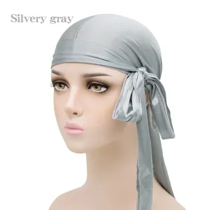 Silvery gray silky satin durag with long tail for hair waves shown on mannequin head