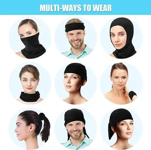 Versatile black seamless tube bandana showing nine different ways to wear for outdoor sports