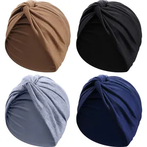 Detailed set of four elastic cotton turban hats in brown, black, grey, and navy blue