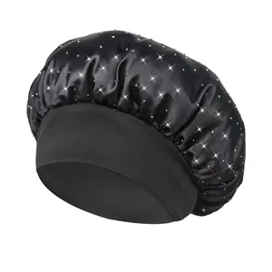 Black satin sleep bonnet with sparkling rhinestones and a wide elastic hair band for hair care