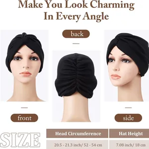 Elastic twist turban hat size chart with front back side views and measurements