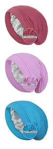 Detail of three slouchy beanies showing satin lining and elastic hem construction