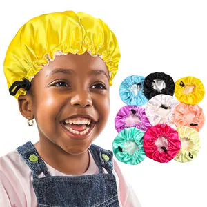 Kids Adjustable Satin Sleep Bonnet Double Layer Hair Care Cap For Toddler Girls Elastic Night Sleep Hat Solid Cartoon Print