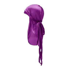 Detail of purple silky durag showing high elasticity and smooth satin texture for kids