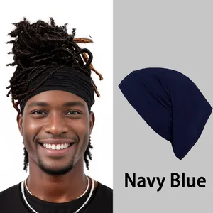 Detailed view of elastic navy blue and black headbands on model and flat lay