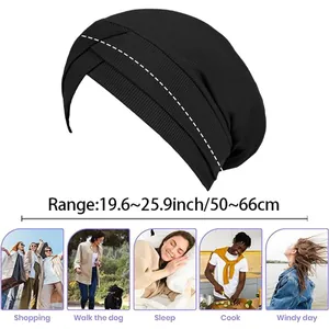 Black ribbed turban hat with crossover front design, fits head sizes 19.6-25.9 inches