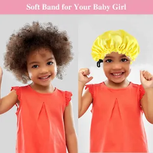 Double-layer yellow satin sleep cap for baby girls featuring adjustable elastic soft band