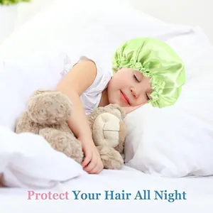 Adjustable light green satin sleeping cap for kids hair protection in bed