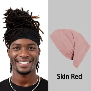 Detail showing elastic magic bandana worn as a beanie and flat lay of skin red color fabric