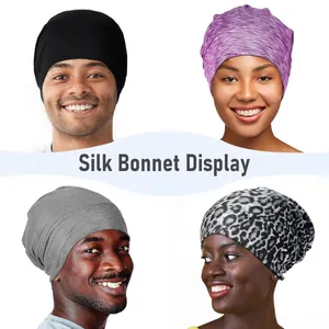 Double-layer silk bonnet for women and men in black, grey, purple, and leopard print