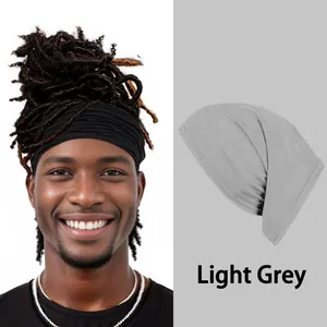 Elastic long headscarf for dreadlocks shown in black on model and light grey flat lay