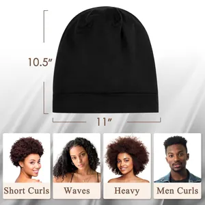 Elastic double-layer sleep bonnet for curly hair, 11x10.5 inch size guide with fit demo