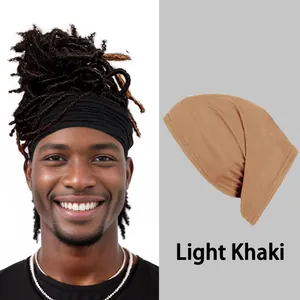 Detail view of elastic magic bandana and beanie shown in black and light khaki color options
