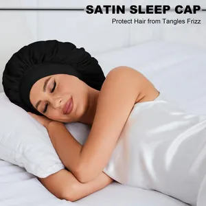 Bonnet de nuit double couche en satin noir pour protéger les cheveux et réduire les frisottis