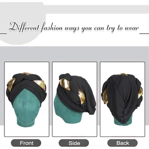 Three-view display of black ribbed turban hat with golden leather braid detail and cross twist