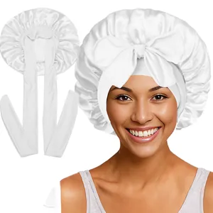 Détails du bonnet de nuit en satin blanc avec longs rubans et bandeau élastique souple