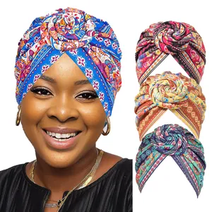 African Floral Print Turban Hat For Women Bohemian Paisley Snail Flower Knot Headwrap Ethnic Style Polyester Hair Accessory