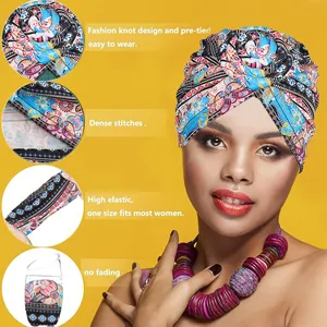 Ethnic print pre-tied turban for women featuring high elasticity and fashion knot detail