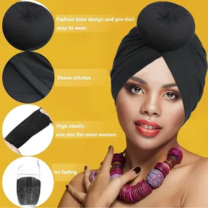Turbante nero elastico pre-annodato con nodo a ciambella da donna, copricapo alla moda tinta unita