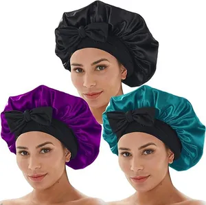 Damen Satin Schlafmütze Zur Haarpflege Weiche Atmungsaktive Nachtmütze Mit Breitem Elastischem Band Und Schleife Bonnet Hut