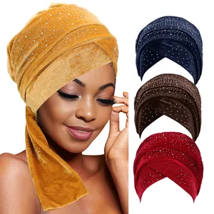 Damen Samt Strass Turban Kreuz Vorderseite Kopftuch Eleganter Glitzer Headwrap Für Party Tägliche Mode Accessoires