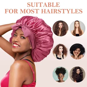 Rosafarbene Satin-Schlafmütze mit elastischem Band für Damen zur Haarpflege