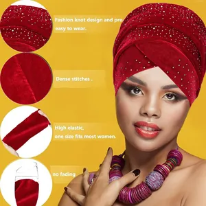 Roter Samt Turban für Damen mit Strasssteinen und elastischem Kreuzknoten