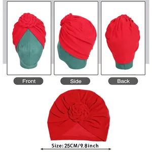 Red braided snail knot turban hat for women with front side and back views