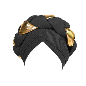 Fashionable black turban hat with gold faux leather braid and crossover design