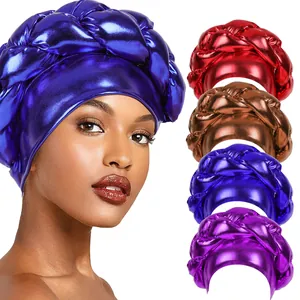 African Style Metallic Braided Turban Hat For Women Gold Stamped Pre-Tied Headwrap Polyester Elastic Hijab Cap Accessory