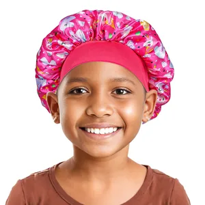 Schlafhaube aus Satin für Kinder mit Einhorn-Muster und elastischem rosa Haarband