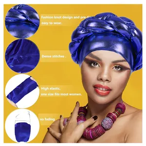 Pre-tied royal blue metallic turban cap with twisted braid design and high elastic fabric