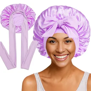 Détails du bonnet de nuit en satin violet clair avec grand nœud et longues brides