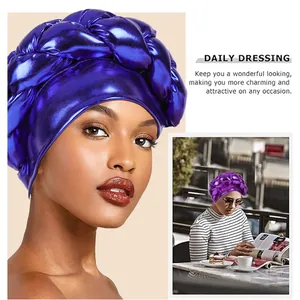 Braided metallic turban hat for women in vibrant royal blue with shimmering gold texture