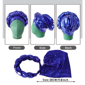 Royal blue metallic turban with thick braided headband showing front, side and back views