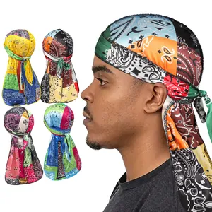 Durag de Satén para Hombre Patchwork Paisley Bandana Hip Hop Cola Larga Gorro de Turbante para Cuidado del Cabello Streetwear Tocado Decorativo