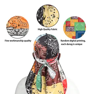 Durag para hombre de seda sintética con estampado paisley y cola larga de estilo hip-hop