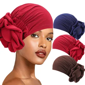 Women Fashion Breathable Turban Hat Large 3D Sponge Flower Pleated Headwrap African Style Hair Accessories For Daily Party