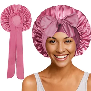 Bonnet de nuit en satin rose avec grand nœud et bord plissé élastique pour soin des cheveux