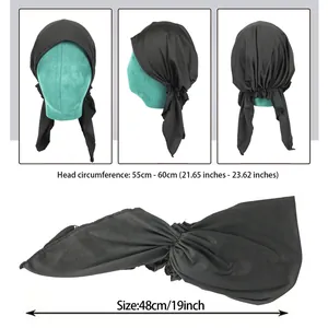Detail view of adjustable black headscarf with size specs for 55cm to 60cm head size
