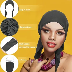 Detail showing dense stitching and high elasticity test of the black women's hijab cap
