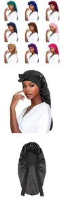 Detail of satin hair bonnets with long tails and bow straps in 10 vibrant colors