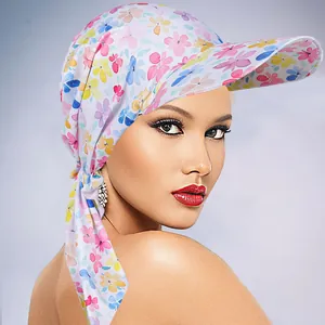 Floral print sun hat headscarf with wide brim and adjustable back tie for sun protection