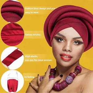 Braided sponge turban hat in burgundy with pre-knotted design for African style fashion