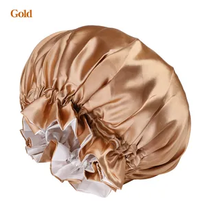 Double-layer elastic sleep bonnet in gold satin with a comfortable wide band